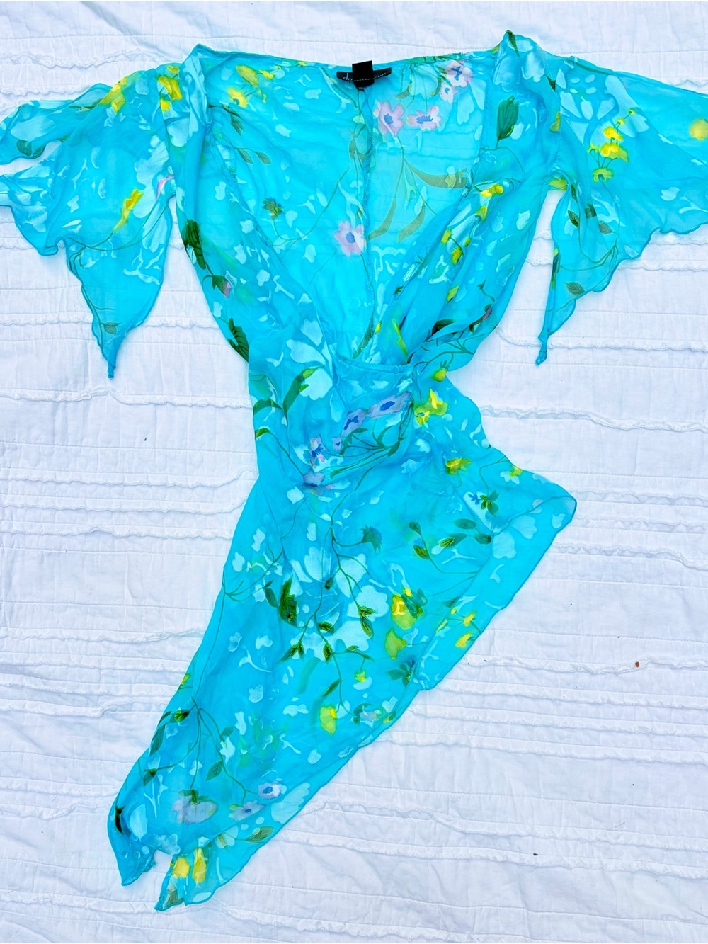 Unique Vintage Y2K Fairy Sheer Aqua Wrap Asymmetrical Shirt